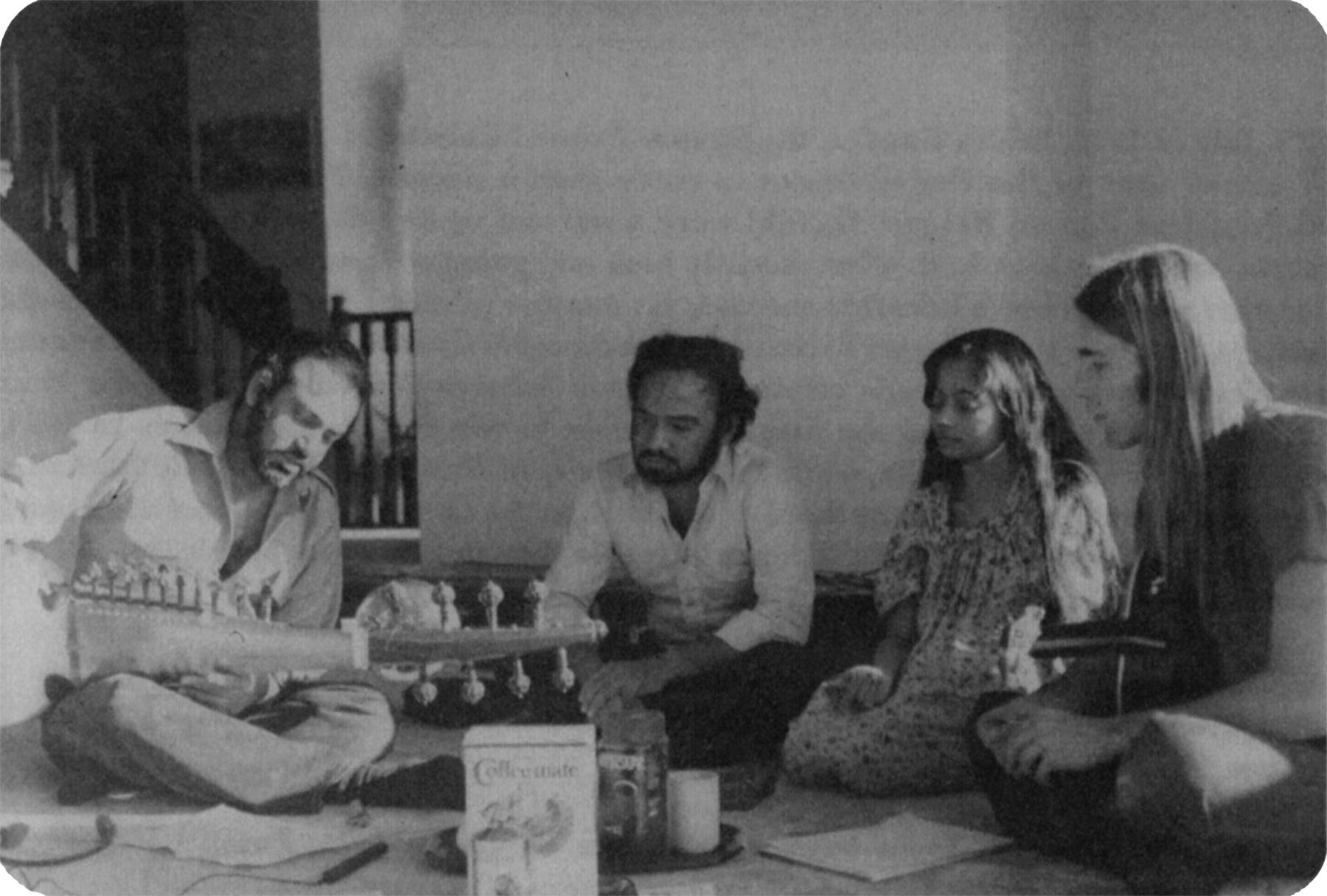 Rupa rehearsing with Aashish Khan, Pranesh Khan, and Don Pope, 1981. Photo courtesy Rupa Sen.